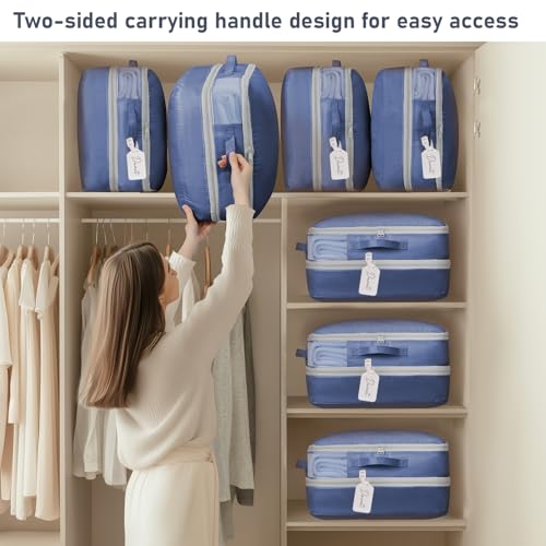 DIMJ Compression Storage Bags 8 Pack - Blanket Storage Bags with Window Zipper, Ultra Space Saving Self Compression Organizer for Puffer Jacket, Bedding, Lightweight Comforter Duvet, Sweater, Sheet - color: Navy Blue, size: 39L x 8 Pack