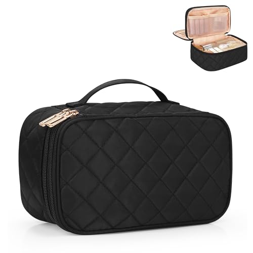 Relavel Small Makeup Bag, Travel Makeup Bag, Cosmetic Bag for Women, 2 Layer Makeup Organizer, Black Make Up Pouch Waterproof, Makeup Brush Holder, Durable Zipper (Black) - color: 01-Black, size: MEDIUM