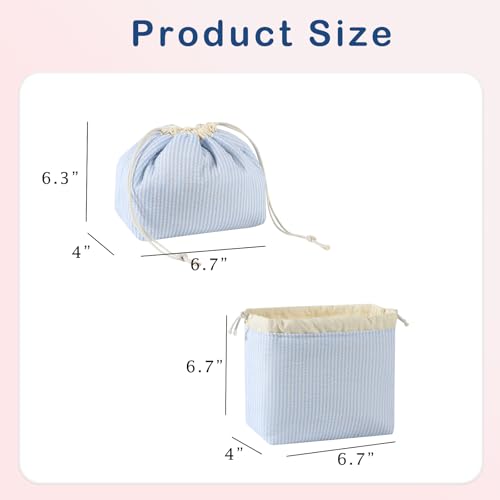 Cotton Quilted Seersucker Makeup Bag with Canvas Lining,Coquette Aesthetic Cute Travel Toiletry Bag,Drawstring Gift Bag for Women and Girls（Seersucker） - color: Seersucker
