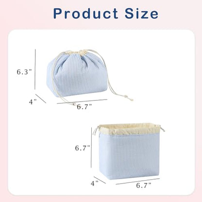 Cotton Quilted Seersucker Makeup Bag with Canvas Lining,Coquette Aesthetic Cute Travel Toiletry Bag,Drawstring Gift Bag for Women and Girls（Seersucker） - color: Seersucker