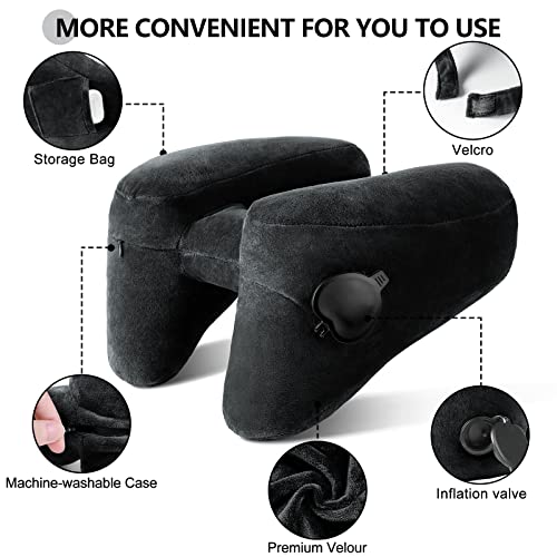 Sunany Travel Neck Pillow for Airplane Pillow Comfortably Supports Head, Neck and Chin, Inflatable Travel Pillow with Soft Velour Cover and Portable Drawstring Bag (Black) (Black, H)