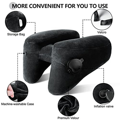 Sunany Travel Neck Pillow for Airplane Pillow Comfortably Supports Head, Neck and Chin, Inflatable Travel Pillow with Soft Velour Cover and Portable Drawstring Bag (Black) (Black, H)