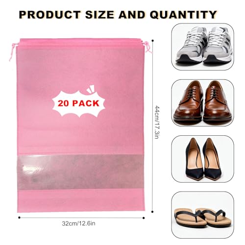 20 Pack Shoe Bags for Travel, 17" x 12.6" Drawstring Shoe Organizers with Clear Window, Breathable Non-Woven Dustproof Pouches for Luggage & Closet (Pink) - color: Pink