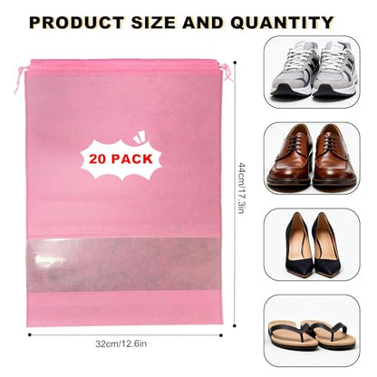 20 Pack Shoe Bags for Travel, 17" x 12.6" Drawstring Shoe Organizers with Clear Window, Breathable Non-Woven Dustproof Pouches for Luggage & Closet (Pink) - color: Pink