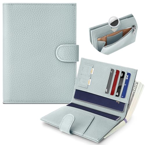 Genuine Leather Passport Holder for Women Men, Hidden Airtag Pocket, RFID Blocking, Zippered Coins Pocket & Cash Compartment Travel Gifts Essentials Passport Cover Case - Blue - color: Blue