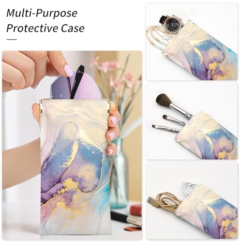 Glasses Case Soft, Eyeglass Cases for Women Portable Squeeze Top PU Leather 2 Pack Glasses Pouch with Cleaning Cloth - color: 2pcs Pink Blue Marble+blue Purple Marble