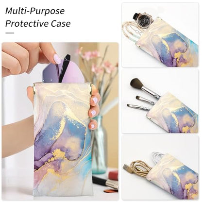 Glasses Case Soft, Eyeglass Cases for Women Portable Squeeze Top PU Leather 2 Pack Glasses Pouch with Cleaning Cloth - color: 2pcs Pink Blue Marble+blue Purple Marble