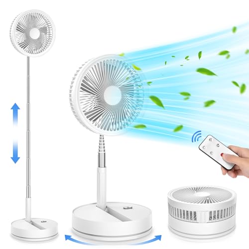 Portable Foldable Rechargeable Oscillating Fan - 8.6" 8000mah Battery Operated USB C Small Fan with Remote Quiet Table Desk Fan Folding Standing Pedestal Fan for Bedroom Rome Office Camping Travel - color: white