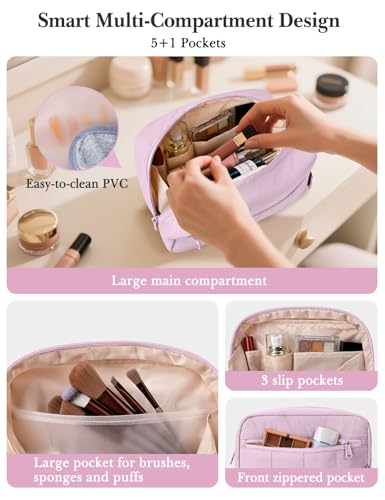 Noozion Makeup Bag Travel Toiletry Bag, Puffy Padded Cosmetic Bag for Women, Makeup Organizer Case, Wide-open Pouch Purse, Travel Essentials - color: Purple