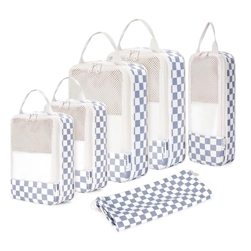 Narwey 6 Set Compression Packing Cubes for Travel Women Men, Travel Cubes for Carry On Suitcase, Durable Compression Luggage Organizer Bags - color: Z-Grayish Blue Checkerboard
