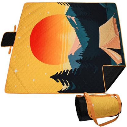 Tirrinia Picnic Blanket Waterproof, 70"x80" Extra Large Outdoor Blanket Waterproof, 3-Layer Foldable Picnic Mat with Sandproof Backing for Beach, Camping, Hiking, Park, Travel - color: Orange Sun