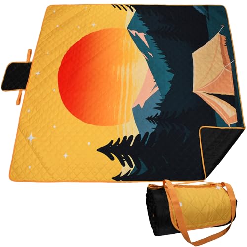 Tirrinia Picnic Blanket Waterproof, 70"x80" Extra Large Outdoor Blanket Waterproof, 3-Layer Foldable Picnic Mat with Sandproof Backing for Beach, Camping, Hiking, Park, Travel - color: Orange Sun