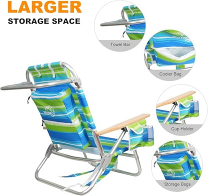 2 Pack Backpack Beach Chairs for Adults Capacity 300 LBS Low 5 Position Beach Chair with Pouch Straps Folding Lightweight Reclining Aluminum Wide Lay Flat Single - color: 10in Wood Blue Leaves 2 Pack