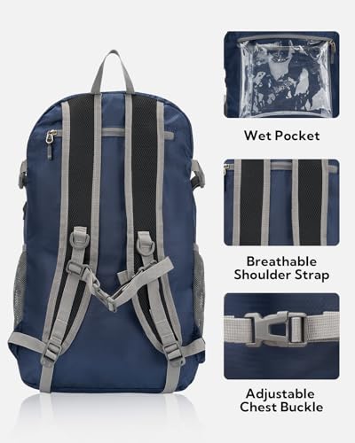 WATERFLY Lightweight Packable Hiking Backpack: 30L Foldable Travel Daypack Ultralight Camping Day Pack for Woman Man Dark Blue - color: Dark Blue