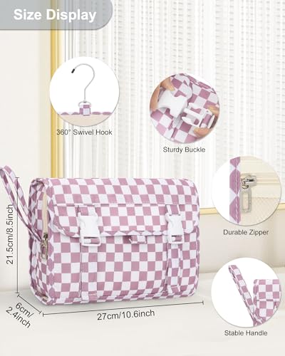 Relavel Hanging Toiletry Bag, Travel Toiletries Bag with Hanging Hook, Water Resistant Makeup Cosmetic Organizer for Full Sized Container, Shampoo, Portable Wash Bag for Essentials - Purple - color: 02 Purple Checkboard, size: Large