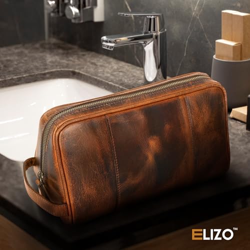 ELIZO Premium REAL Leather Toiletry Bag for Men Dopp Kitt Hanging Mens Toiletry Large TSA Toiletries Bag Shaving Grooming Bag Organizer - size: Large