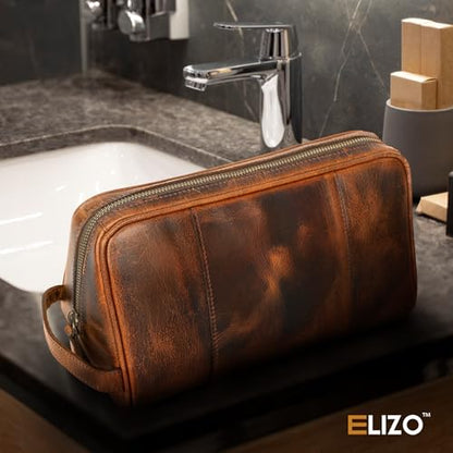 ELIZO Premium REAL Leather Toiletry Bag for Men Dopp Kitt Hanging Mens Toiletry Large TSA Toiletries Bag Shaving Grooming Bag Organizer - size: Large