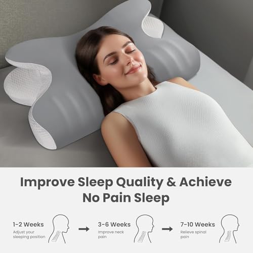 JINXIA Cervical Neck Pillow Memory Foam Pillows for Sleeping,Ergonomic Orthopedic Neck Support Pillow,Cooling Pillow with Removable Pillowcase for Side,Back, Stomach Sleepers,Light Gray