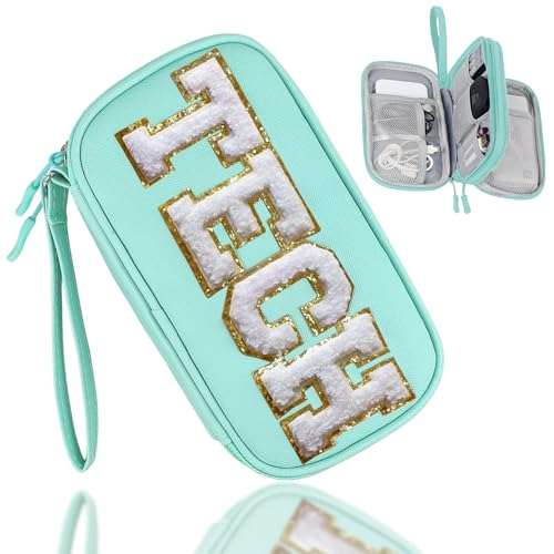 COSHAYSOO Electronics Organizer Bag Travel with Chenille Letter Patch Traveling Must Have Accessories Cute Personalized Gift for Women Cable Cord Charger Storage Pouch (Teal Blue) - color: Teal