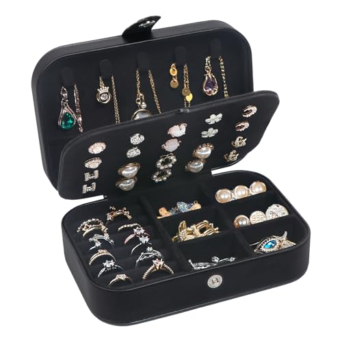 SLOZO Travel Jewelry Box,Upgraded Travel Jewelry Case,Portable Jewelry Boxes for Women,PU Leather Jewelry Box,Travel Jewelry Organizer for Necklaces,Rings,Earrings,Bracelets,Black - color: L-All Black