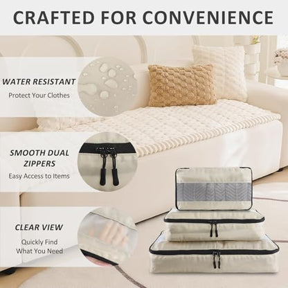 U+U 5 Set Packing Cubes for Travel Essentials Ultralight Luggage Packing Organizers with Laundry Bag and Shoe Bag for Vacation, Business Trip and Camping (Cream) - color: Cream