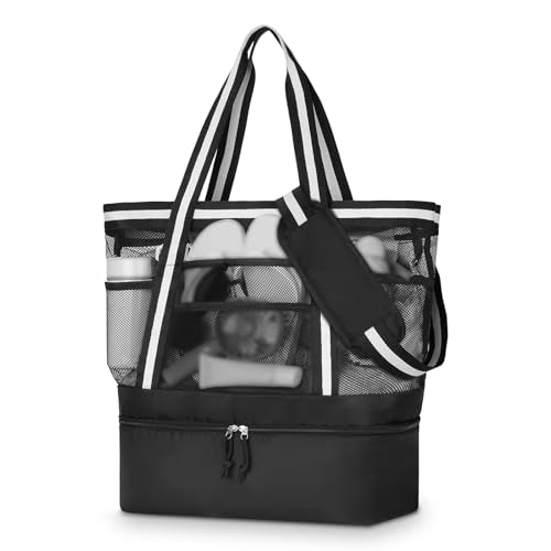 WOOMADA Beach Tote Bag With Cooler, Large Mesh Beach Bags for Women with Wet Pocket, Pool, Swim, Travel Essentials - color: Black White