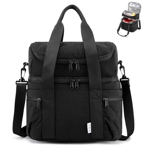 NOL Natural Organic Lifestyle Lunch Bag for Women - Large Double Deck Insulated Lunch Box Leakproof Reusable Lunch Cooler Puffer Lunch Tote Bag with Multiple Pockets for Work Picnic, Black - color: Black, size: Large