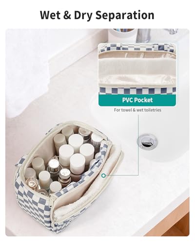 Narwey Checkered Travel Toiletry Bag for Women Large Makeup Bag, Wide-open Cosmetic Make Up Organizer with Handle, Travel Bag for Toiletries, Essentials, Accessories (Greyish Blue Checkerboard) - color: Greyish Blue Checkerboard