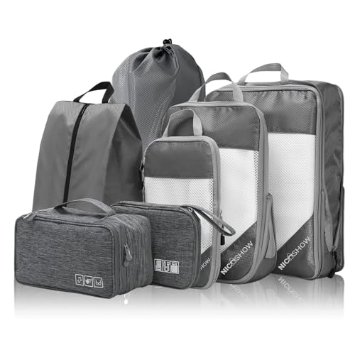 NICOSHOW 7 Set Compression Packing Cubes for Travel - Compressible, Lightweight, and Space-Saving Packing Cubes, Travel Essentials for Women, Grey - color: Grey, size: 7 pcs