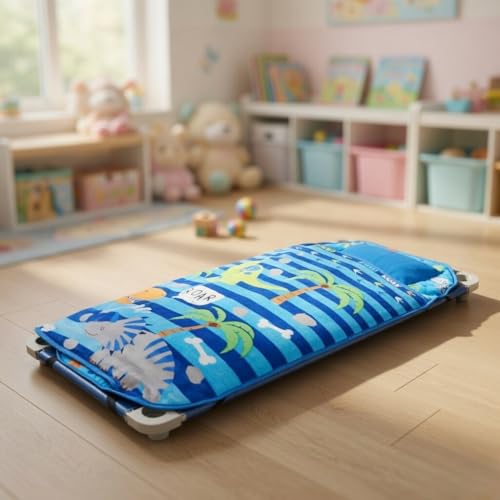 EVERYDAY KIDS Cute Preschooler and Toddler Cot Nap Mat for Home, Daycare, Preschool and Kindergarten; Easy to Roll Sleeping Mat with Elastic Straps, Pillow and Blanket - color: Dinosaur Cot Nap Mat