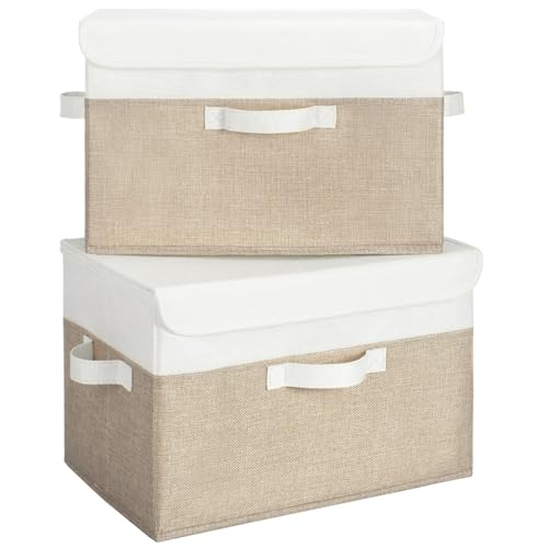 GRANNY SAYS Storage Bins with Lids, Decorative Storage Boxes, Clothes Stoarge Bins, Shelf Baskets, Closet Storage Bins for Clothing, Collapsible Storage and Organization, 2-Pack - color: White/Khaki, size: Large-2 Pack