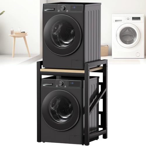 Washer Dryer Stacking Rack Kit 29.5in, Over the Washer and Dryer Storage Shelf for Laundry Room, Bathroom, Heavy Duty, Height Adjustable, 1.2mm Wall Thickness 660lbs Capacity (Black, 29.5in) - color: Black