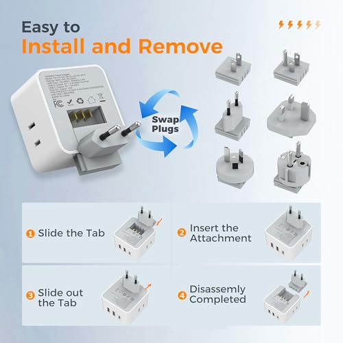 TESSAN All European UK Travel Plug Adapter Kit, 6-in-1 International Power Adapter with 3 USB (1 USB C) and 3 AC Outlets, Supports Type C, G, E/F, I, A, B for US to Europe UK Italy Australia Japan