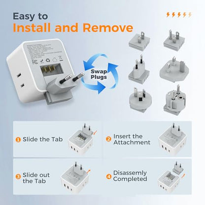 TESSAN All European UK Travel Plug Adapter Kit, 6-in-1 International Power Adapter with 3 USB (1 USB C) and 3 AC Outlets, Supports Type C, G, E/F, I, A, B for US to Europe UK Italy Australia Japan