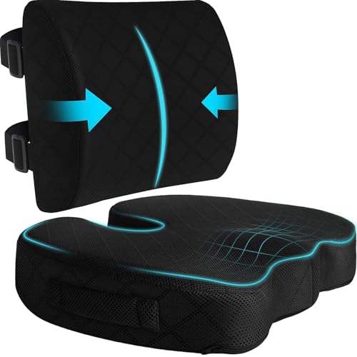 TushGuard Back&Seat Cushion, Car Seat Office Chair Cushions, Breathable Memory Foam Lumbar Back Support Pillow, Portable Airplane Seat Cushion for Travel, Computer Desk, Wheelchair, Driving (Black) - color: Black, size: Large