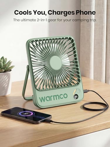 Warmco 10000mAh Portable Travel Fan 7-inch, Up to 24H Runtime, Ultra-thin Quiet Rechargeable Battery Operated Desk Fan with Digital Display for Camping, Office, Bedroom, Cruise Essentials - color: Sage Green