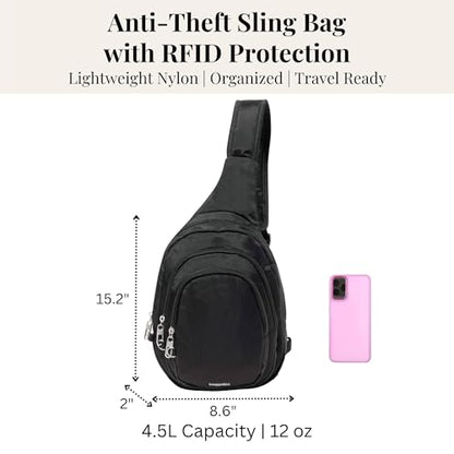 Baggallini Securtex® Anti-Theft Multi Zip Sling - Lightweight 8.6"x15.2" Travel Bag with Locking Zippers & RFID Protection - color: Black