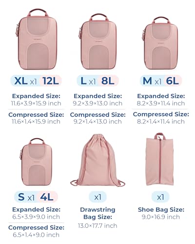 BAGSMART Compression Packing Cubes, 6 Set Packing Cubes for Suitcases, Lightweight Suitcases Organizers Bag Set & Compression Travel Cubes, Travel Essentials Packing Organizers - color: 02-Baby Pink