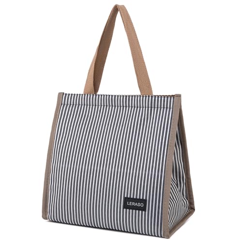 Insulated Lunch Bag for Work, 10.2"x5.9"x10.2" Oxford Waterproof Striped Canvas Tote Bag - color: Black White