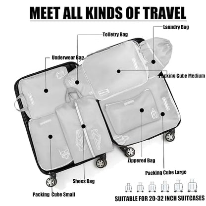 8 Set Expandable Compression Packing Cubes for Suitcases Travel Essentials Carry On Waterproof Storage Bag With Dry And Wet Separation Silvery - color: Silvery
