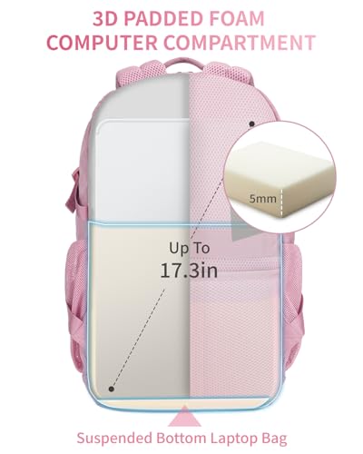 ECOHUB Travel Backpack for Women, 17.3 inch Suspended Laptop Backpack, Fashion Water-Resistant College Computer Bookbag, 28L Personal Item Bag with 12 Pockets for Causal, Work, Pink - color: Pink