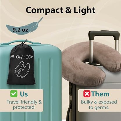 FLOWZOOM Air Inflatable Neck Pillow for Traveling on Plane - H-Shape Hooded Airplane Pillow with 5 Snooze Modes, Fast Inflation, Pressure Control, Cozy Clip-On Hood & Plushy Cover - Size L, Jet Black - color: Jet Black