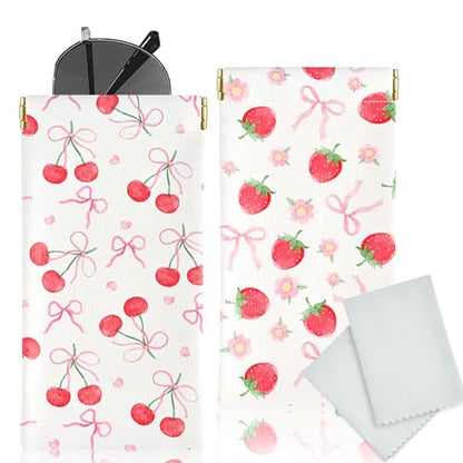 Glasses Case Soft, Eyeglass Cases for Women Portable Squeeze Top PU Leather 2 Pack Glasses Pouch with Cleaning Cloth - color: 2pcs Bow Cherry+bow Strawberry