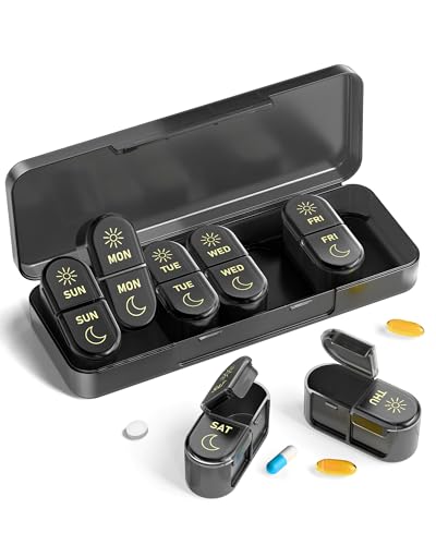 Pillex AM & PM Pill Organizer 7 Days, Weekly Pill Case 2 Times a Day, Pill Box 7 Day, Medicine Pill Organizer for Travel, Vitamins, Fish Oils, Supplements - color: Black