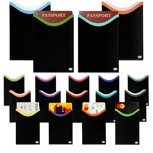RFID Blocking Sleeves for Credit Cards & Passport (14 Short Side Card & 4 Passport Sleeves) RFID Card Holder and Protector Sleeve for Credit, Passport Identity Theft Protection Travel Wallet Slim - color: 14 Side Load + 4 Passport