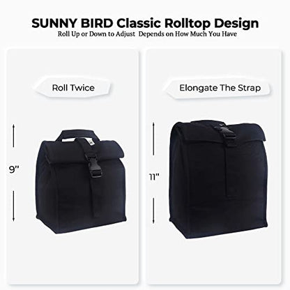 SUNNY BIRD Insulated Lunch Bag Rolltop Lunch Box for Women, Men, Adults and Teens (Black) - color: Black