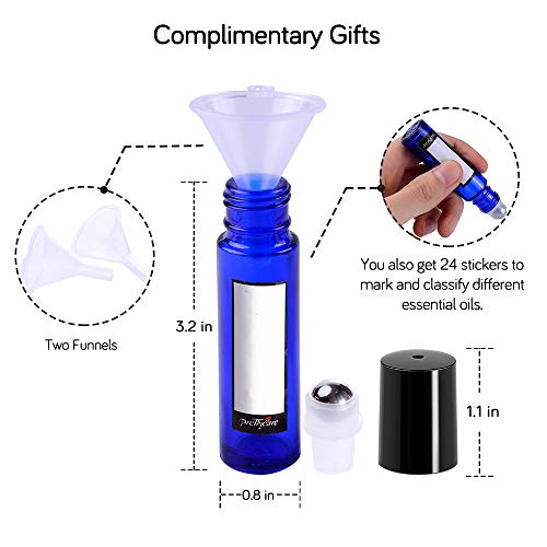PrettyCare Roller Bottles 10ml (12 Pack Blue Glass, Black Cap, 24 Labels, 2 Extra roller balls, Opener, 2 Funnels) for essential oils, Roll on Bottles - color: Blue with Black Cap, size: 12 Pack