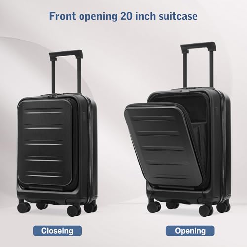 Merax Luggage Sets 5 Piece Front Open, Hardside 20" Carry On Suitcase Set with USB Port,Lightweight Expandable Travel 24" 28" Luggage with Bags TSA Locks Double Spinner Wheels,Black - color: Black-1, size: 3 piece(20front open+24+28+bags)