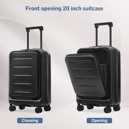 Merax Luggage Sets 5 Piece Front Open, Hardside 20" Carry On Suitcase Set with USB Port,Lightweight Expandable Travel 24" 28" Luggage with Bags TSA Locks Double Spinner Wheels,Black - color: Black-1, size: 3 piece(20front open+24+28+bags)