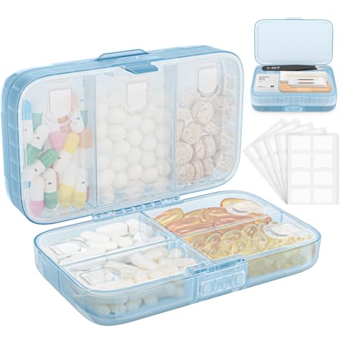 FYY Weekly Pill Organizer with Labels,8 Compartments Travel Daily Pill Case Airtight Moistureproof Large Pill Box to Hold Vitamins, Fish Oil, Supplements,Cotton Swab and Bandages-Blue - color: Blue